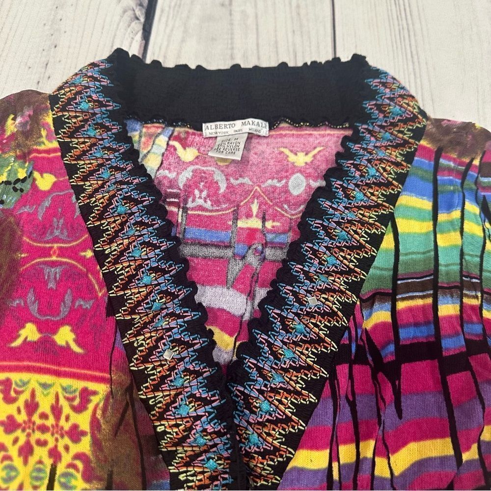 Albert Makali M Multicolor Boho Chic Snap Button Cardigan Bold Art Colorful - Picture 4 of 6